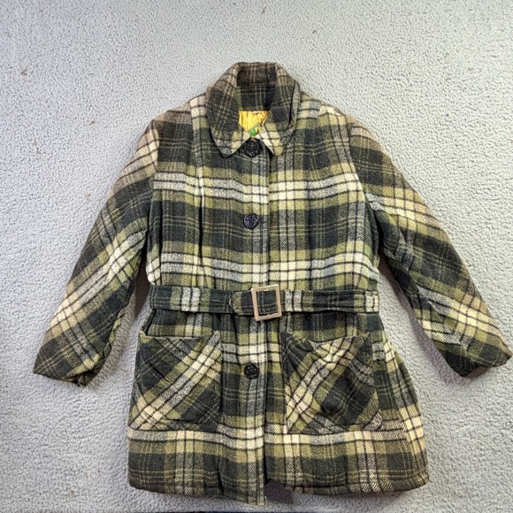 Materia Di Italia Jackets & Blazers - Vintage Materia Di Italia Green Plaid Belted Wool Coat Anchor Buttons Size 14